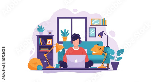 Person comfortably working from home with a laptop and headphones in a cozy, modern living space. Ideal for remote work, online learning, or digital lifestyle concepts.