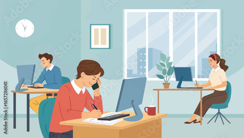 Smiling professionals collaborate and work diligently in a modern office, representing teamwork, productivity, and a positive corporate environment for business.