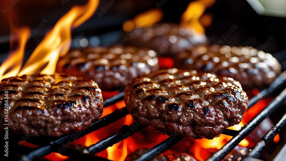 Juicy burgers sizzling on a hot grill with flames Juicy burgers sizzling on a hot grill with flames