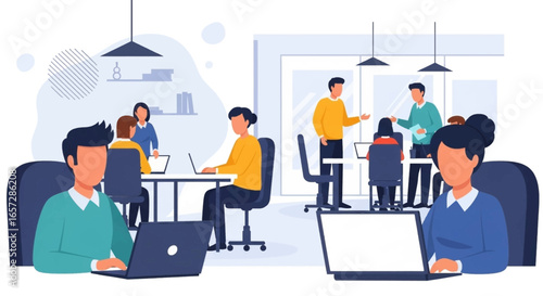 Diverse professionals collaborating and working productively in a modern open-plan office. Ideal for themes of teamwork, innovation, and contemporary business.