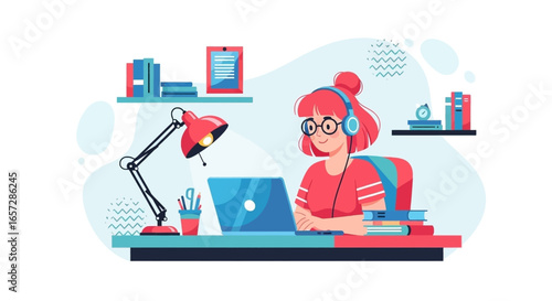 Young woman with headphones studying or working remotely on her laptop at a desk. Ideal for concepts of online education, remote work, and digital learning lifestyle.