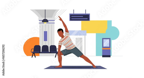 A man practices yoga on a mat in a minimalist airport or train station waiting area. Represents wellness, balance, and mindful living while traveling.