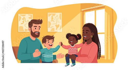 A diverse, happy family enjoying quality time together at home, showcasing love, connection, and harmonious living. Ideal for parenting, lifestyle, and domestic concepts.