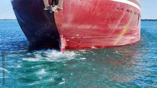 Massive freighter rudder creating wake on vibrant blue waters of Detroit River