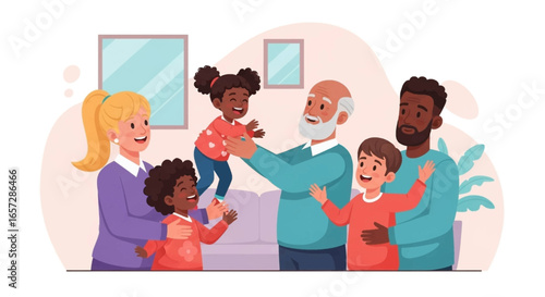 Happy multi-generational family bonding at home, enjoying joyful moments and playful interaction. Ideal for concepts of family life, love, and childhood happiness.