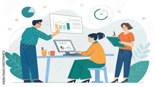 Professional business team collaborates on data analysis and strategic planning, utilizing charts and computers to drive project success and growth.