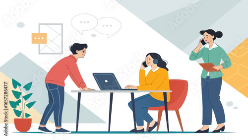 Business professionals actively collaborate and communicate in a modern office setting, using laptops and phones for efficient teamwork and support.