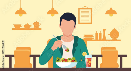 Person enjoying a fresh salad and drink in a bright cafe setting. Concept of healthy eating, lifestyle, and a nutritious lunch break.