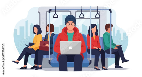 Commuters on a public train or subway, with a person actively working on a laptop. Represents productivity, connectivity, and urban lifestyle.