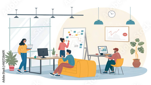 Modern office scene with a diverse team collaborating and brainstorming. Professionals working together, driving business growth and productivity in a dynamic environment.