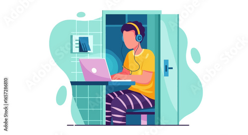 Focused person in headphones working on laptop in a private soundproof booth, ideal for remote work, online learning, or concentration.