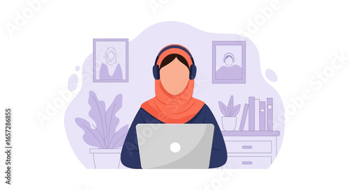 Focused Muslim woman in hijab and headphones working on laptop in a cozy home office, representing remote work, online education, and modern productivity.