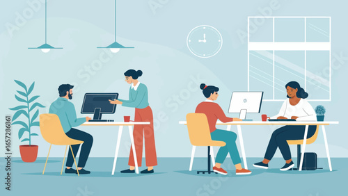 Diverse professionals collaborate and work on computers in a modern, open office environment, depicting teamwork and productivity.