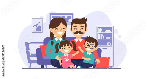 Happy family of four, parents and two children, sitting together on a sofa in a living room, symbolizing love, unity, and comfortable home life.