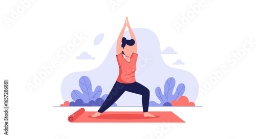 Illustration of a woman practicing yoga in a serene outdoor setting, embodying healthy lifestyle, balance, and mindful wellness.