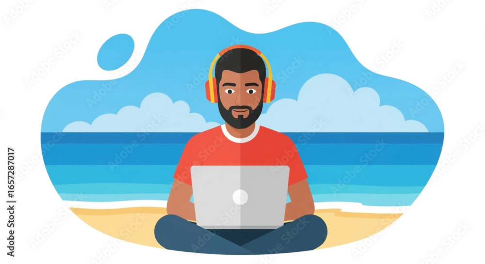 Fototapeta premium Man with headphones working remotely on laptop at a serene beach, symbolizing flexible lifestyle, productivity, and digital nomadism.