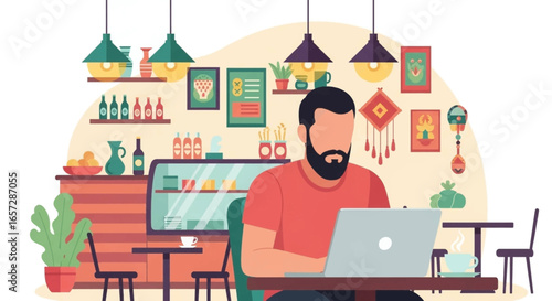 Bearded man works remotely on laptop in a trendy cafe, embodying modern freelance lifestyle and productivity. Ideal for business concepts.