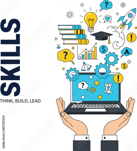 Hands holding laptop with skills and ideas exploding upwards