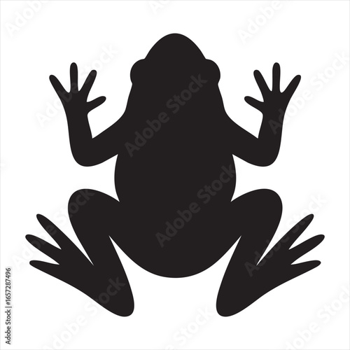 A stark black silhouette of a frog, its limbs spread wide, presented against a clean white backdrop. This silhouette style emphasizes the iconic shape of the amphibian