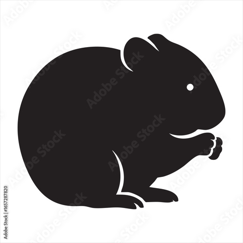 A charming black silhouette of a hamster holding and eating food with its paws, presented in a clean, graphic style