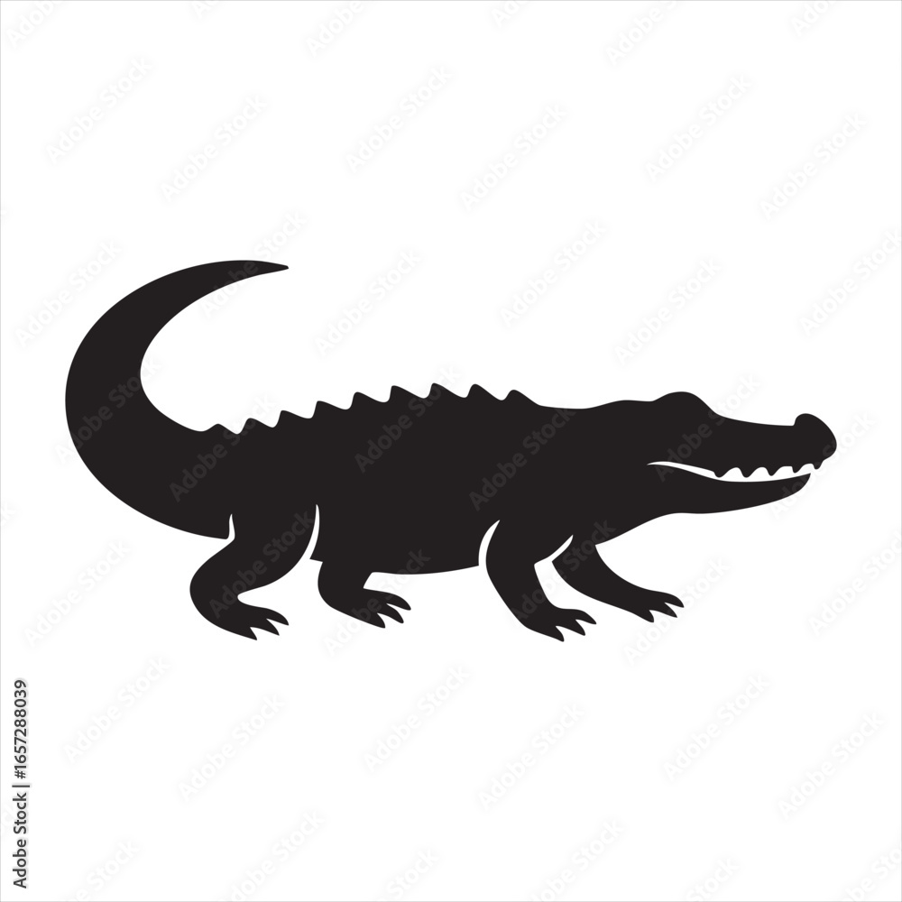 Obraz premium A stark black silhouette of an alligator in profile, showcasing its scaly texture and powerful stance. This silhouette style is a distinctive feature