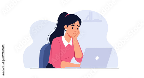 Unhappy woman sits at a desk, overwhelmed by work on her laptop. Illustrates stress, burnout, and challenges in business, study, or remote work.
