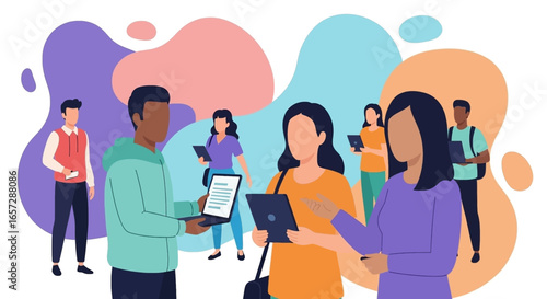 Diverse group communicating and collaborating with digital devices. Represents modern education, business networking, or social connection.