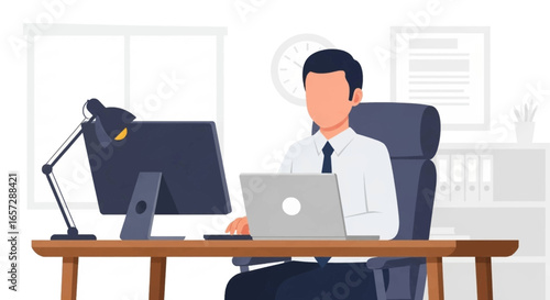 Professional man working diligently at his desk in a modern office, utilizing both desktop and laptop computers for efficient productivity.