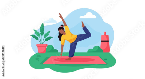 Woman practices yoga outdoors, finding balance and tranquility on her mat. Ideal for wellness, fitness, or healthy lifestyle content.