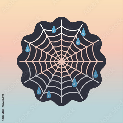Spider’s web with dew drops in scalloped perforated dewdrop blue hexagon symbolizing intricate connections