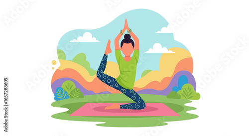 Woman gracefully practicing yoga outdoors, finding peace and balance in nature. Ideal for wellness, exercise, and healthy lifestyle content.
