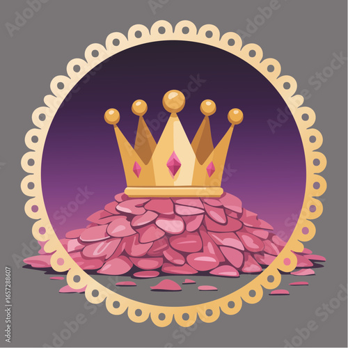 Crown on wilted petals in scalloped perforated regal gold circle symbolizing faded glory