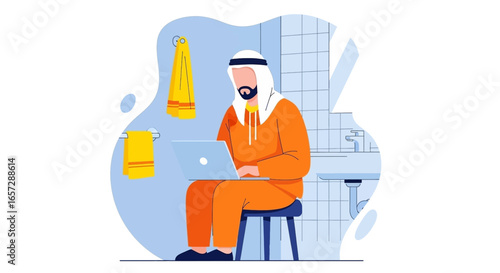 Arab man in traditional attire works on a laptop in a modern bathroom, depicting remote work, digital nomadism, and flexible lifestyle.