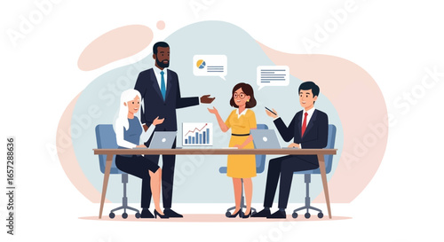 Diverse business professionals collaborate in an office meeting, strategizing and analyzing data for company growth and success.
