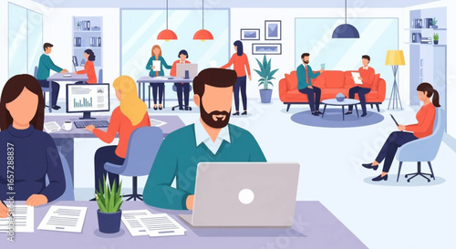 Diverse professionals collaborate and work diligently in a bright, modern open-plan office, representing teamwork, productivity, and a contemporary business environment.