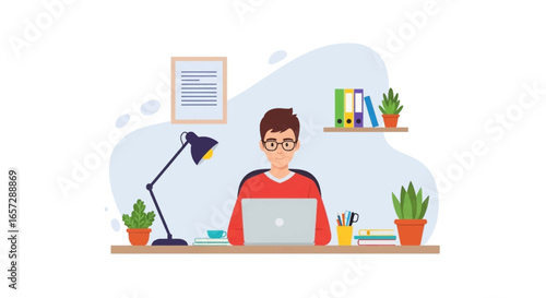 Smiling man in glasses works on laptop from his home office. Represents remote work, online education, freelancing, and digital business productivity.