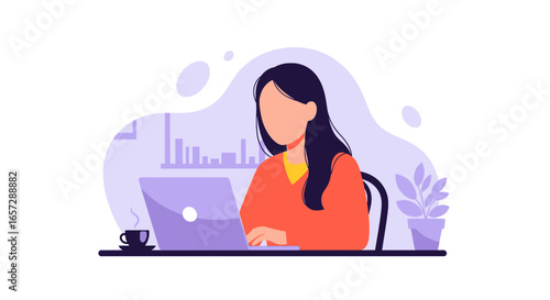 Young woman focused on her laptop, working remotely from home or office. Ideal for concepts of productivity, online education, or digital business.