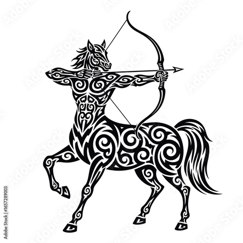 Detailed Black and White Illustration of a Centaur Archer, Symbol of Sagittarius Zodiac Sign