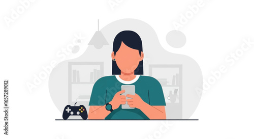 Young woman engaged with her smartphone, enjoying digital entertainment and mobile gaming at home. Represents modern connectivity, leisure, and online lifestyle.