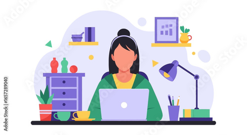 Woman working diligently on laptop at her home office desk. Ideal for concepts of remote work, productivity, online learning, and modern business.