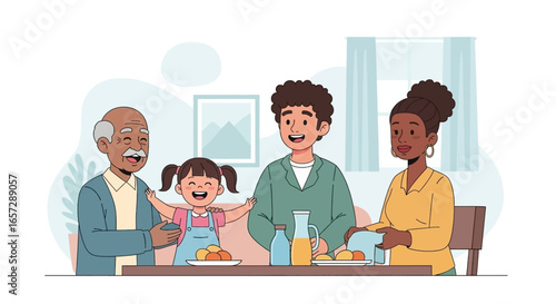 Happy multi-generational family enjoying a meal together at home, sharing smiles and creating cherished memories. Ideal for lifestyle and family concepts.