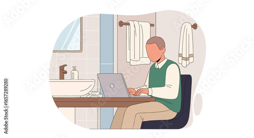Person working on a laptop in a bathroom, symbolizing remote work flexibility, productivity, and the evolving modern lifestyle. Suitable for business and digital nomad concepts.