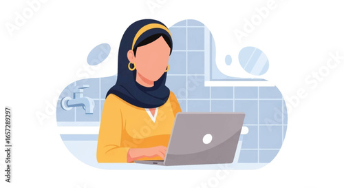 Muslim woman in hijab focused on laptop, illustrating remote work, online learning, or digital business success and modern lifestyle.