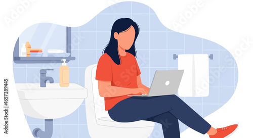 Woman working remotely on a laptop while sitting on the toilet, depicting modern multitasking, convenience, and blurred work-life boundaries.