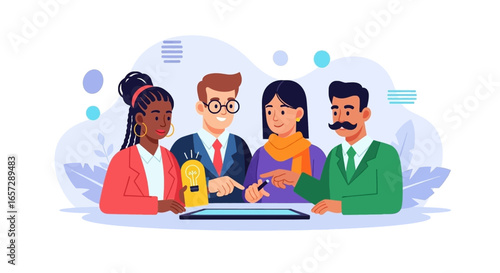 Diverse business team collaborating, brainstorming new ideas, and developing strategies. Concept of innovation, teamwork, and problem-solving for successful ventures.