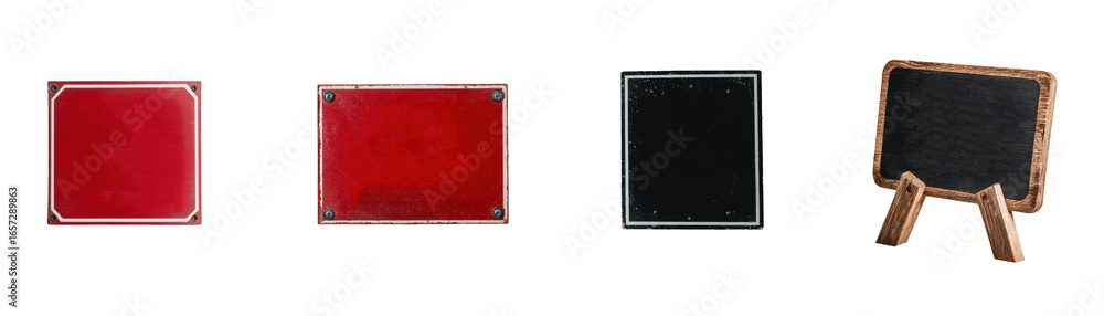 Fototapeta premium Four different styles of blank signs, including red and black options, are displayed against transparency background