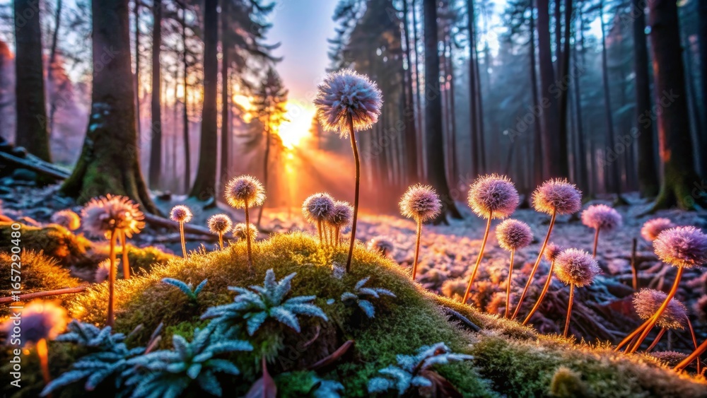 Obraz premium Frosty Dandelions in Forest at Sunrise