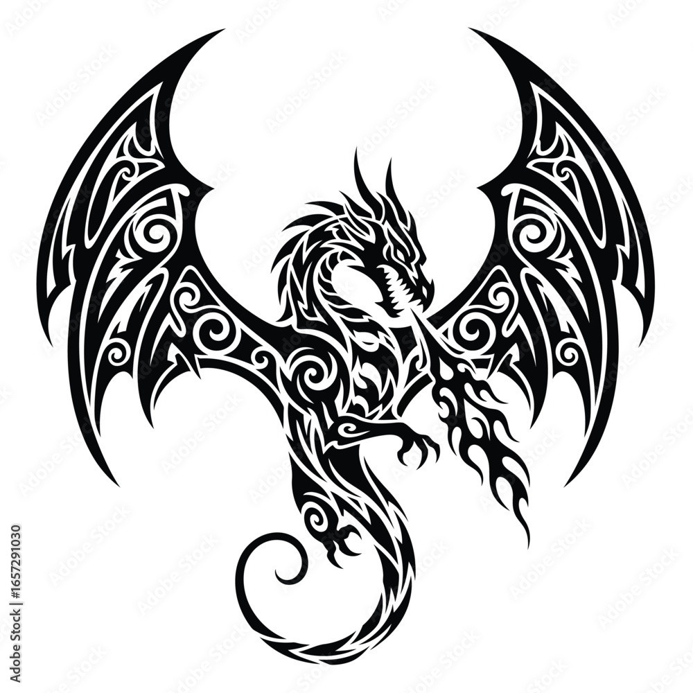 Obraz premium Tribal Dragon Tattoo Design Mythical Creature with Elaborate Swirls and Fire Accents