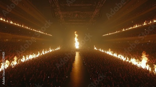 Fiery stage spectacle, vast crowd