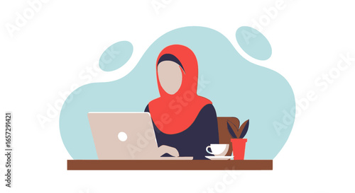 A focused Muslim woman in a red hijab works on a laptop at her desk, symbolizing remote work, online learning, or modern business.
